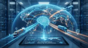 AI-optimized route planning illustration showing a digital globe with connected shipping routes, cargo ship, truck, and airplane above a logistics dashboard.​