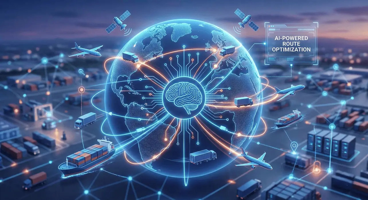 Digital globe showing how artificial intelligence optimizes transport routes and connects supply chain operations.