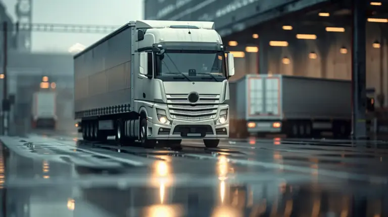 Autonomous self-driving freight truck operating at a modern logistics hub on a wet road, illustrating the future of automated trucking and smart global logistics.