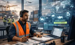 Clearing and forwarding agent reviews customs clearance documents with real-time shipment tracking at a busy international port.