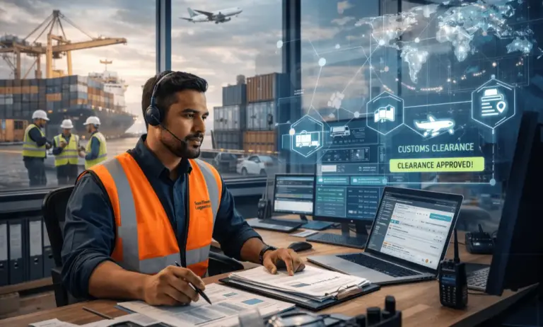 Clearing and forwarding agent reviews customs clearance documents with real-time shipment tracking at a busy international port.