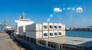Cargo ship loaded with reefer containers at a port, featuring a digital overlay illustrating the global cold chain logistics journey for transporting perishable goods