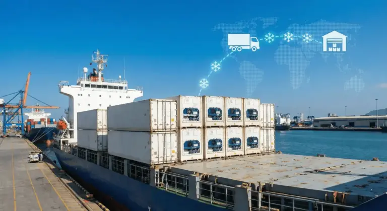 Cargo ship loaded with reefer containers at a port, featuring a digital overlay illustrating the global cold chain logistics journey for transporting perishable goods