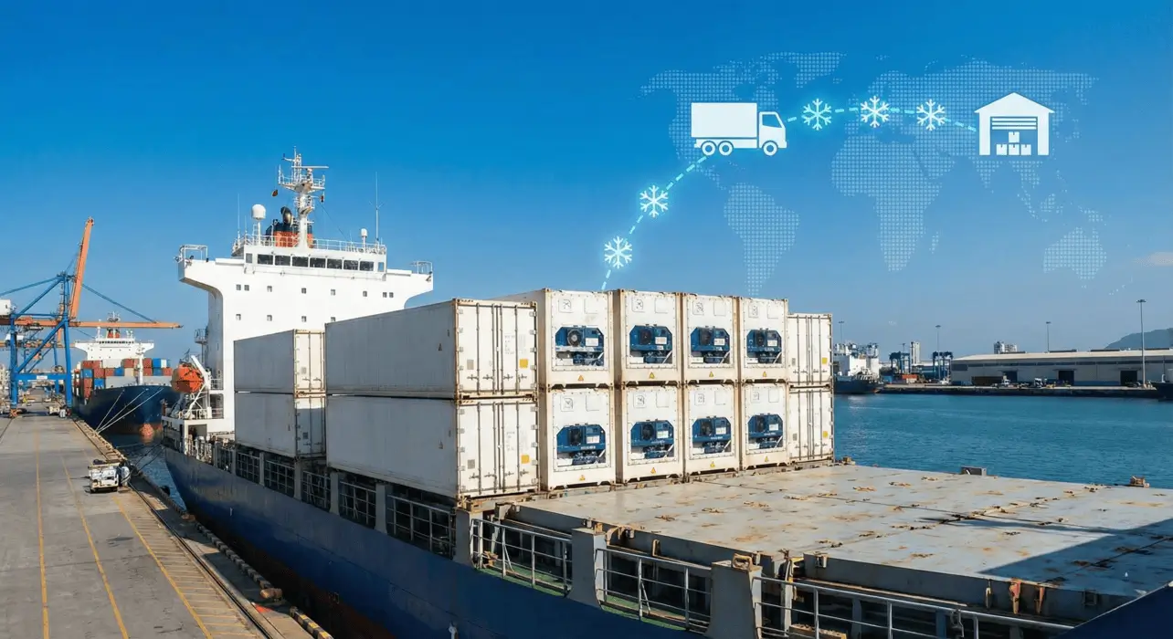 Cargo ship loaded with reefer containers at a port, featuring a digital overlay illustrating the global cold chain logistics journey for transporting perishable goods