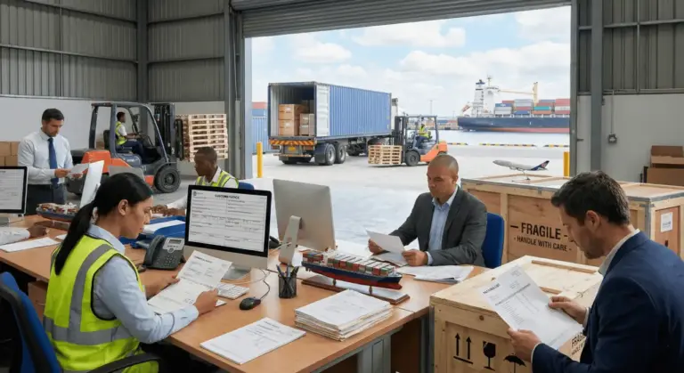 Logistics professionals reviewing customs compliance documents and commercial invoices in a port office, ensuring smooth customs clearance for international shipping operations visible in the background.