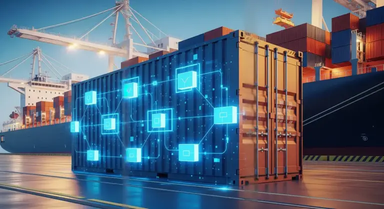 Shipping container at a port featuring a glowing digital network overlay, illustrating the connectivity and real-time tracking of digital freight marketplaces.