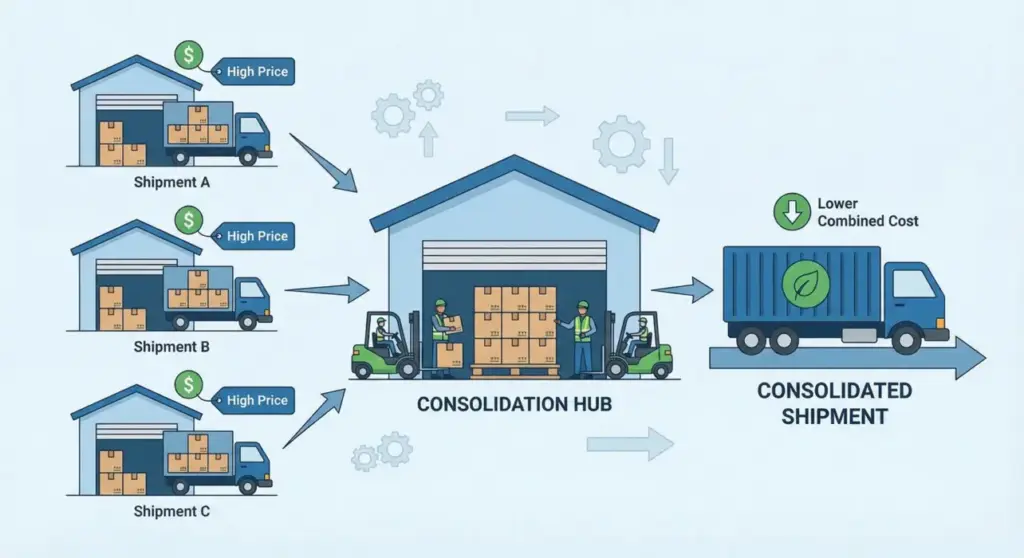 Illustration showing separate expensive shipments combining into one load to lower costs and reduce emissions.