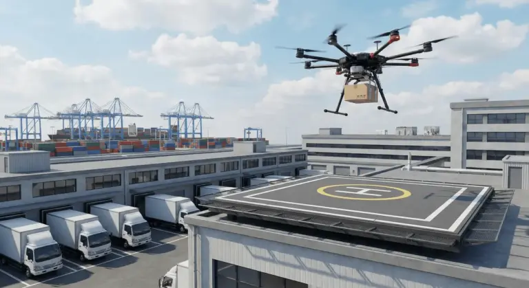 A delivery drone operating alongside delivery trucks at a distribution center, illustrating a hybrid supply chain model.