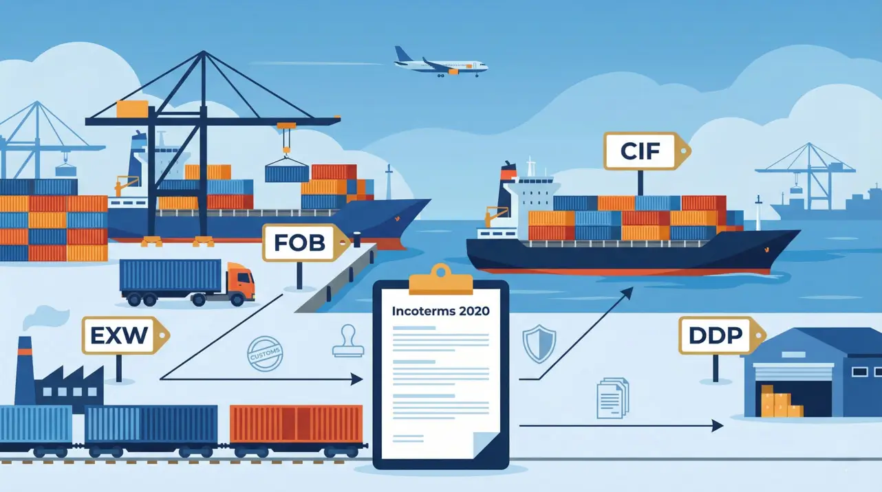 Illustration showing shipping stages and responsibilities for EXW, FOB, CIF, and DDP Incoterms.