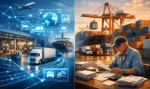 Integrated logistics vs traditional freight forwarding showing automated digital supply chain on one side and manual freight forwarding with paperwork on the other