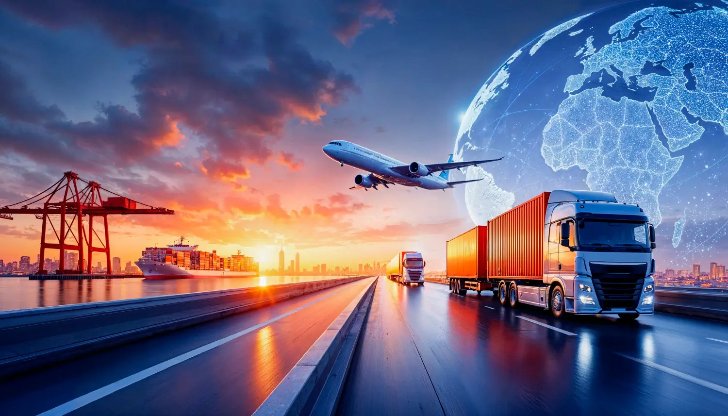 Intermodal transportation concept showing cargo ship, freight trucks and airplane moving containers on global trade routes at sunset, representing combined rail, truck, sea and air logistics.