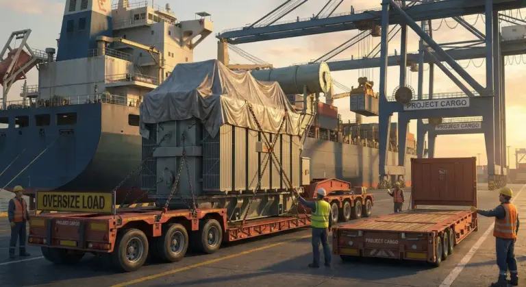 Oversized heavy machinery loaded on a multi-axle trailer at a port, highlighting ODC transportation risks and the need for cargo insurance