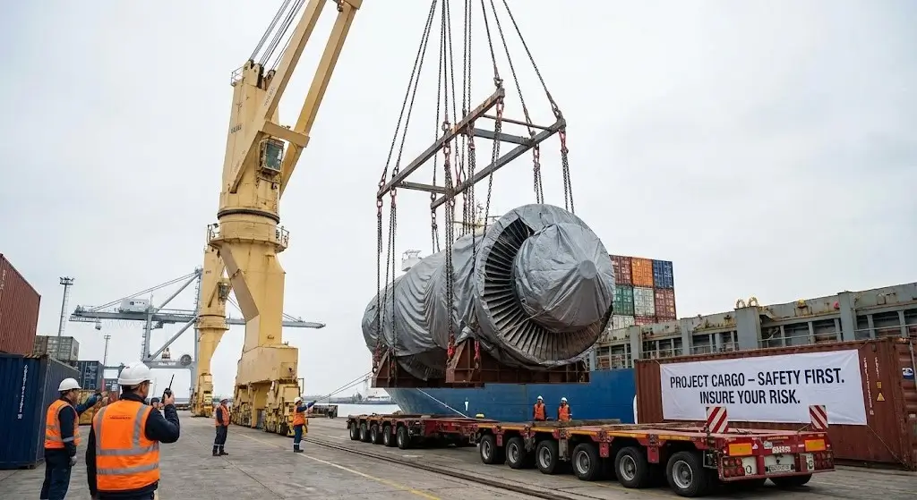 Heavy machinery being lifted by crane during ODC project cargo handling at port, highlighting transit risks and cargo insurance importance