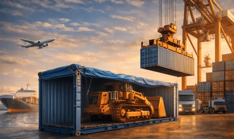 Open top container being loaded with heavy machinery by a crane at a seaport for global freight forwarding