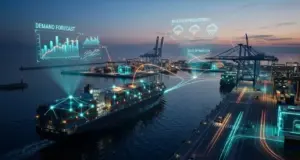 Smart shipping port with holographic data dashboards displaying demand forecasts, weather predictions, and route optimization paths for predictive logistics management.