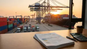 "Incoterms 2020 document on a desk overlooking a busy container port and cargo ship."