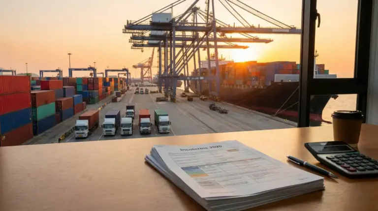 "Incoterms 2020 document on a desk overlooking a busy container port and cargo ship."