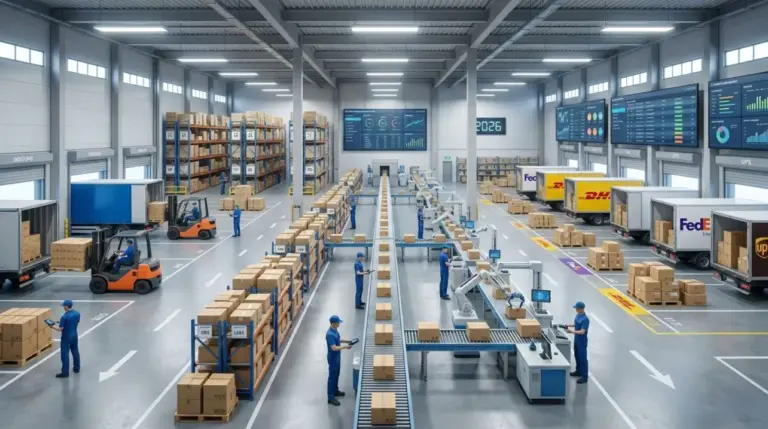 Optimized warehouse logistics improving shipping lead times with automated packing and outbound dispatch