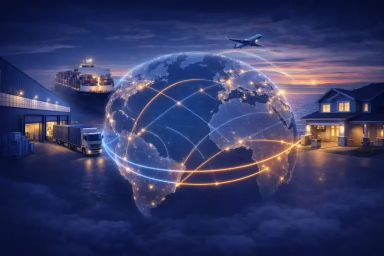 A digital illustration showing a glowing global logistics network connecting a warehouse to a residential home with a cargo ship and plane, representing end-to-end international shipping.