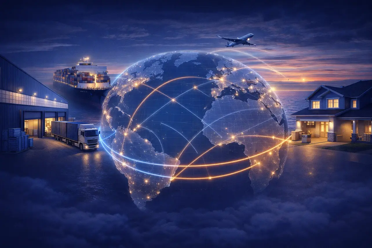A digital illustration showing a glowing global logistics network connecting a warehouse to a residential home with a cargo ship and plane, representing end-to-end international shipping.