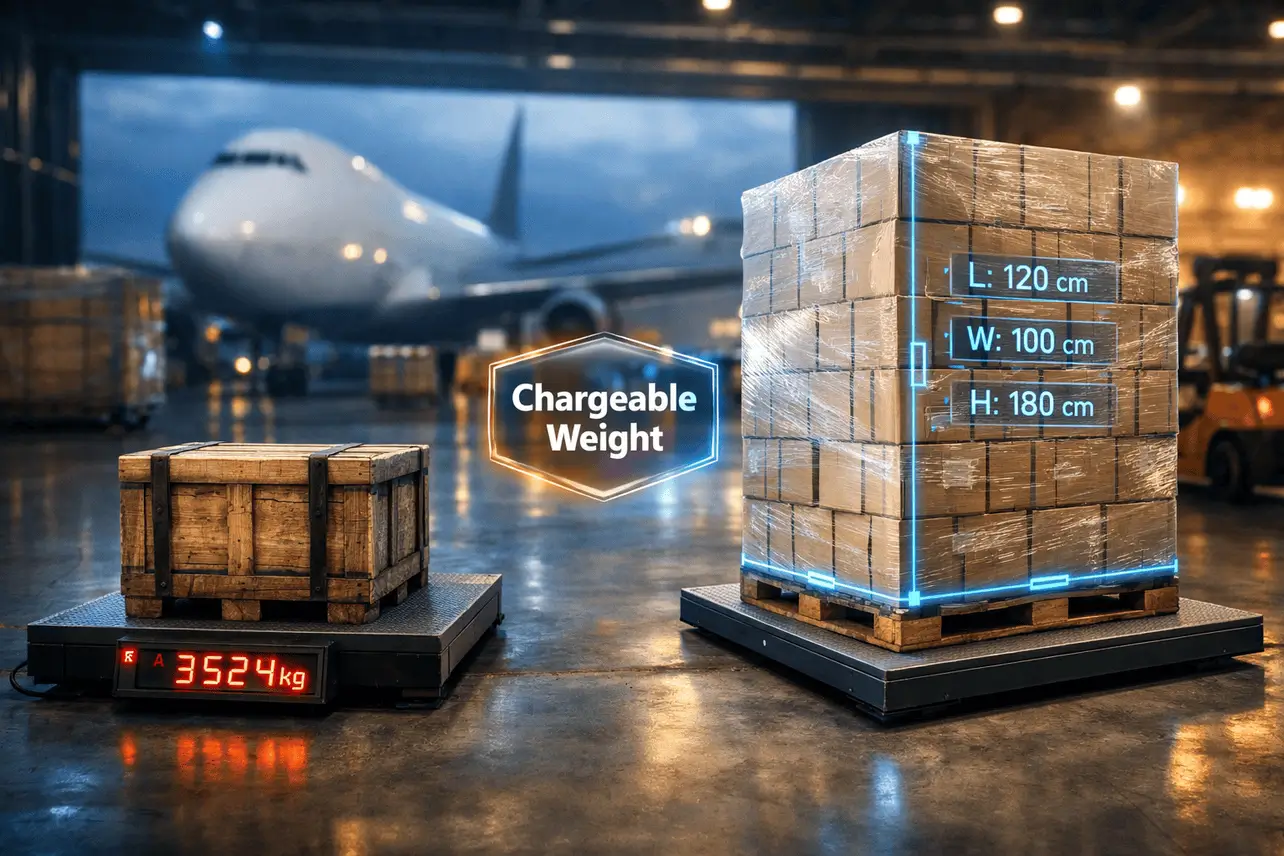 A high-tech air cargo warehouse featuring a small heavy wooden crate on a digital scale and a large lightweight pallet with digital dimension overlays (L: 120cm, W: 100cm, H: 180cm). A glowing 'Chargeable Weight' badge is displayed between them with a cargo plane in the background.