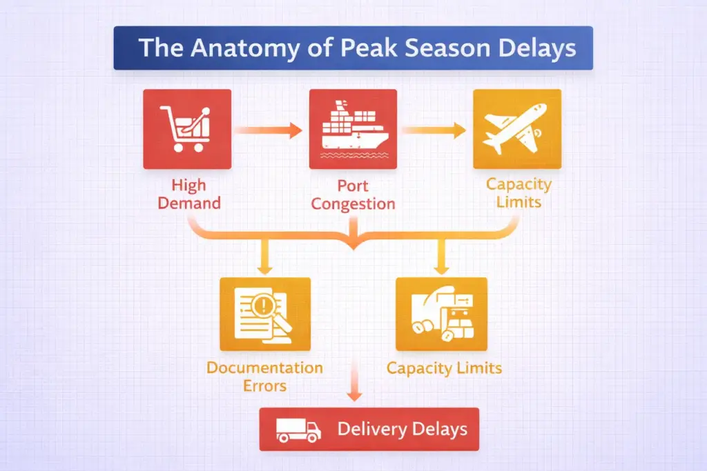 An infographic titled 'The Anatomy of Peak Season Delays' showing a flowchart of factors like high demand, port congestion, and documentation errors leading to delivery delays