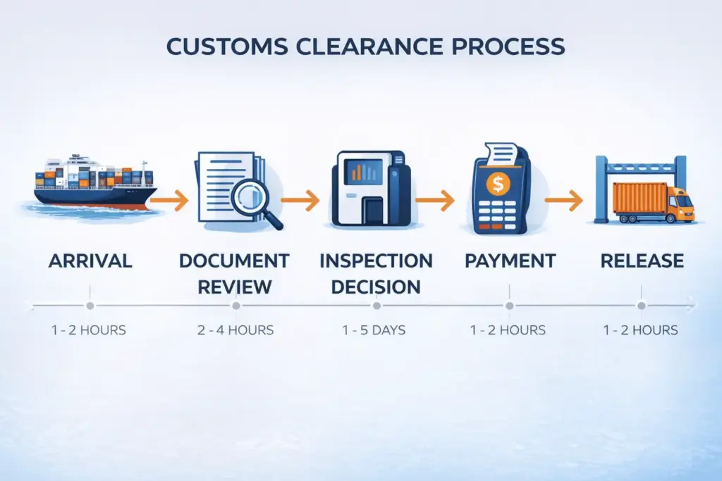 Container ship unloading at busy U.S. East Coast port with customs and border protection truck gate