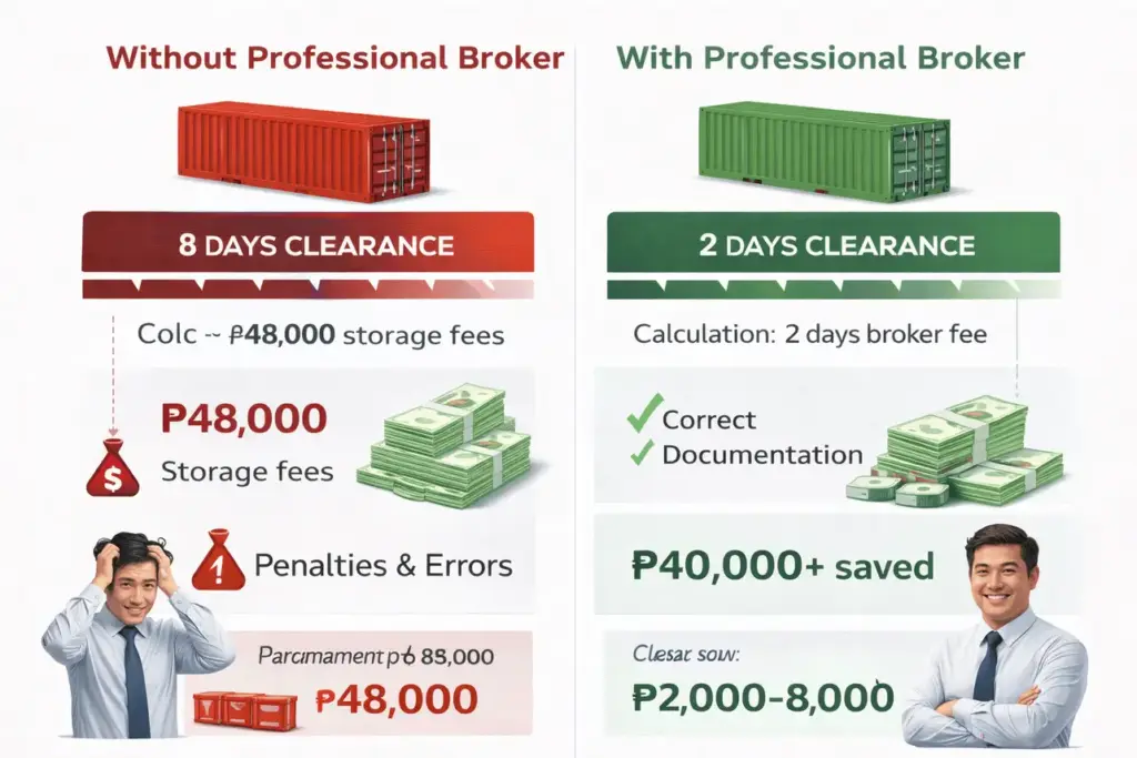 comparison showing 8-day clearance with ₱48,000 storage fees without broker versus 2-day clearance with ₱2,000-8,000 broker fee saving ₱40,000