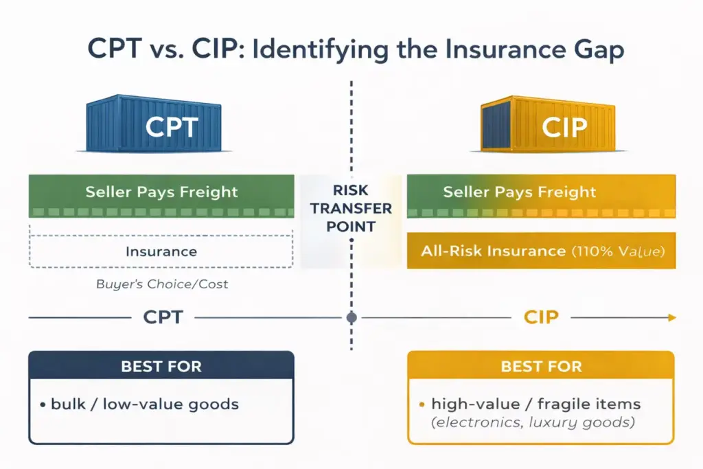 Infographic comparing CPT and CIP Incoterms, highlighting the insurance gap, risk transfer points, and best use cases for high-value versus low-value goods."