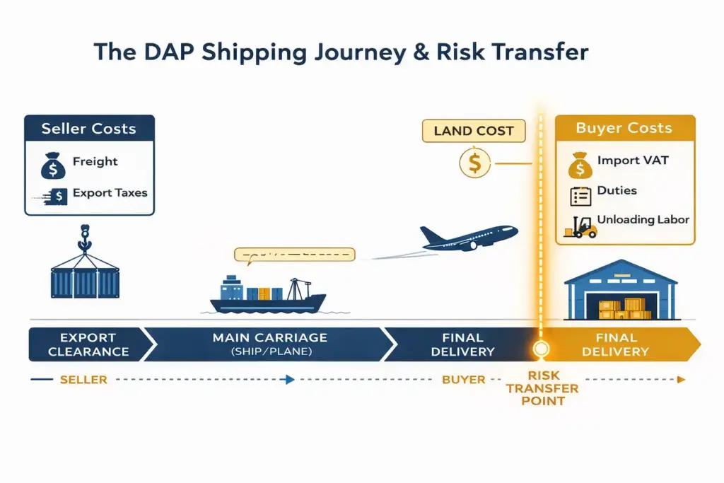 A detailed flowchart of the DAP shipping journey showing the risk transfer point at final delivery and breaking down seller costs like freight versus buyer costs like import VAT.