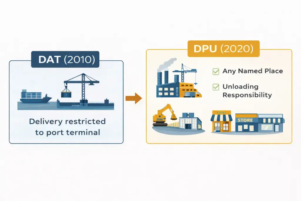 Comparison chart showing the evolution from DAT 2010 to DPU 2020, illustrating expanded delivery flexibility and unloading responsibilities at any named place."Comparison chart showing the evolution from DAT 2010 to DPU 2020, illustrating expanded delivery flexibility and unloading responsibilities at any named place.