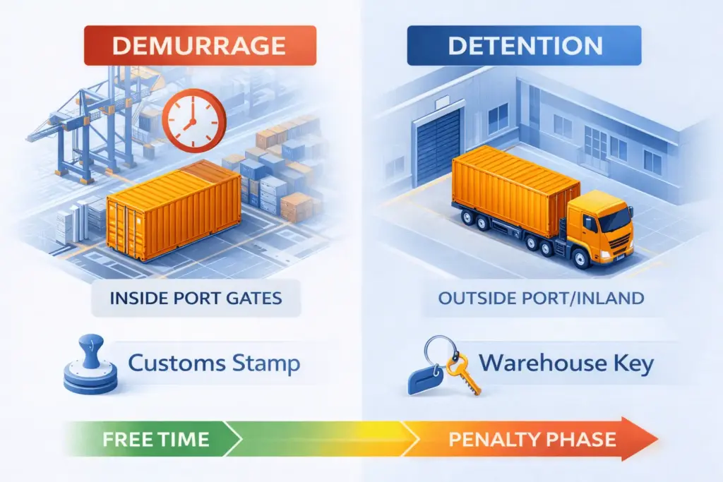 An isometric infographic comparing Demurrage (inside port gates with a customs stamp) and Detention (outside port at a warehouse with a truck) showing the transition from free time to the penalty phase.