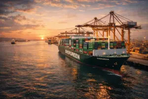 A cinematic wide-angle view of a large Evergreen Line container ship at a terminal, representing the 90% of global goods moved by ocean freight