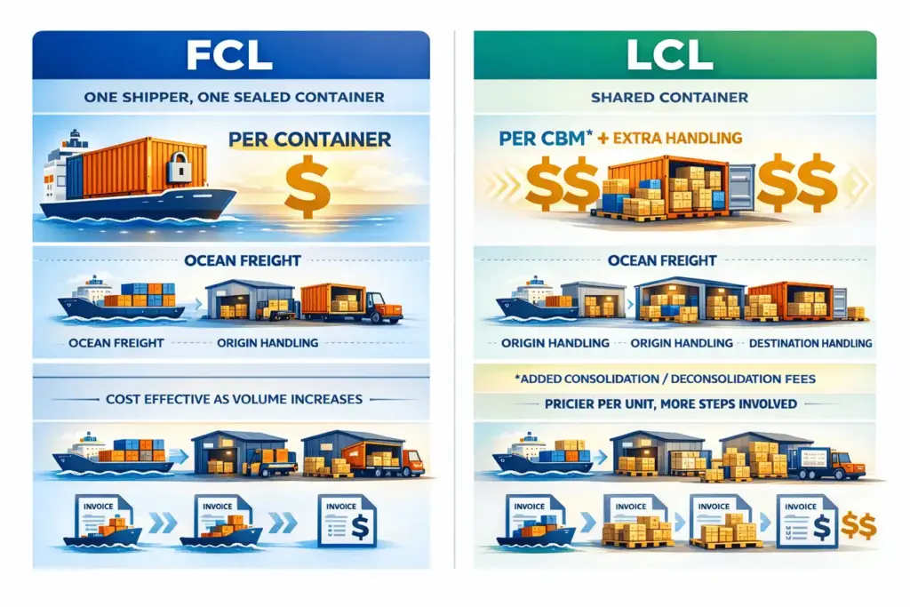 Infographic comparing FCL vs LCL shipping costs: FCL per-container pricing versus LCL per-CBM pricing with extra handling fees.