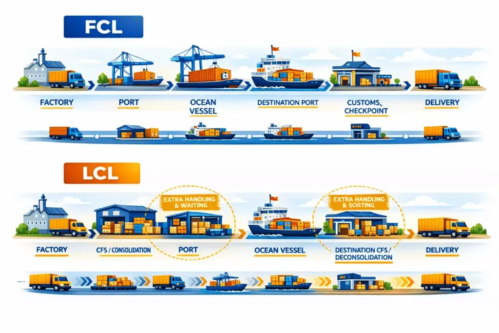 Shipping process flow chart: Comparison of FCL direct transit versus LCL consolidation and deconsolidation steps for auto parts.