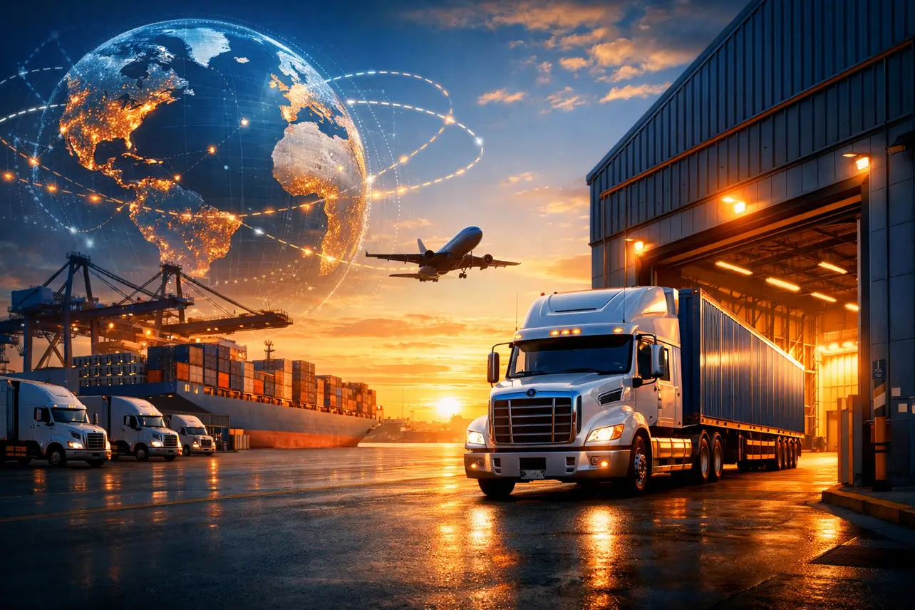 A cinematic view of a global logistics hub at sunset featuring a cargo plane, a container ship, and delivery trucks at a warehouse, representing the reach of DAP shipping.