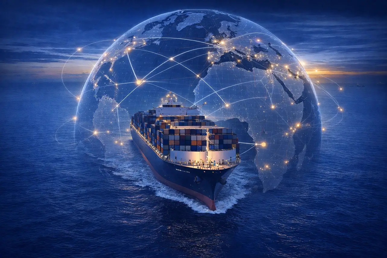 A large container ship transporting goods across the ocean with a digital holographic globe overlay symbolizing a connected global supply chain network.