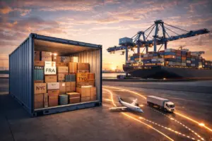 A wide-angle view of a shipping container terminal at sunset with a transparent container revealing diverse LCL cargo boxes labeled for NYC, TYO, and HKG, with a large container ship and airplane in the background.