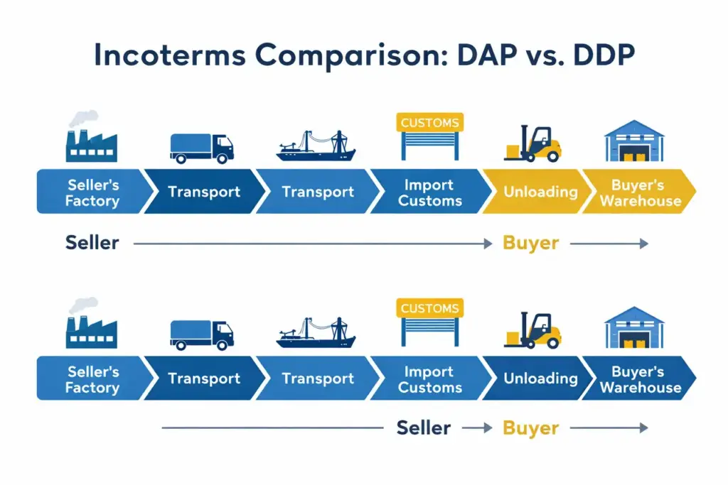 An infographic comparing DAP vs. DDP incoterms, showing the shift in responsibility for import customs and unloading from the seller to the buyer.