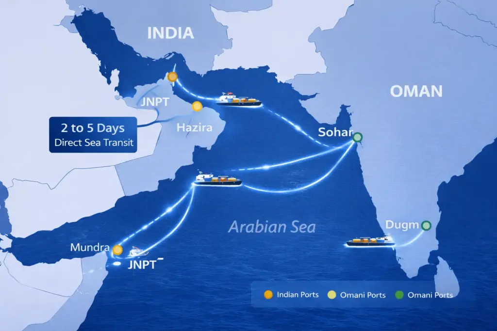 Infographic map showing maritime shipping routes from Mundra and Hazira to Sohar and Duqm ports with 2 to 5 days direct sea transit time

