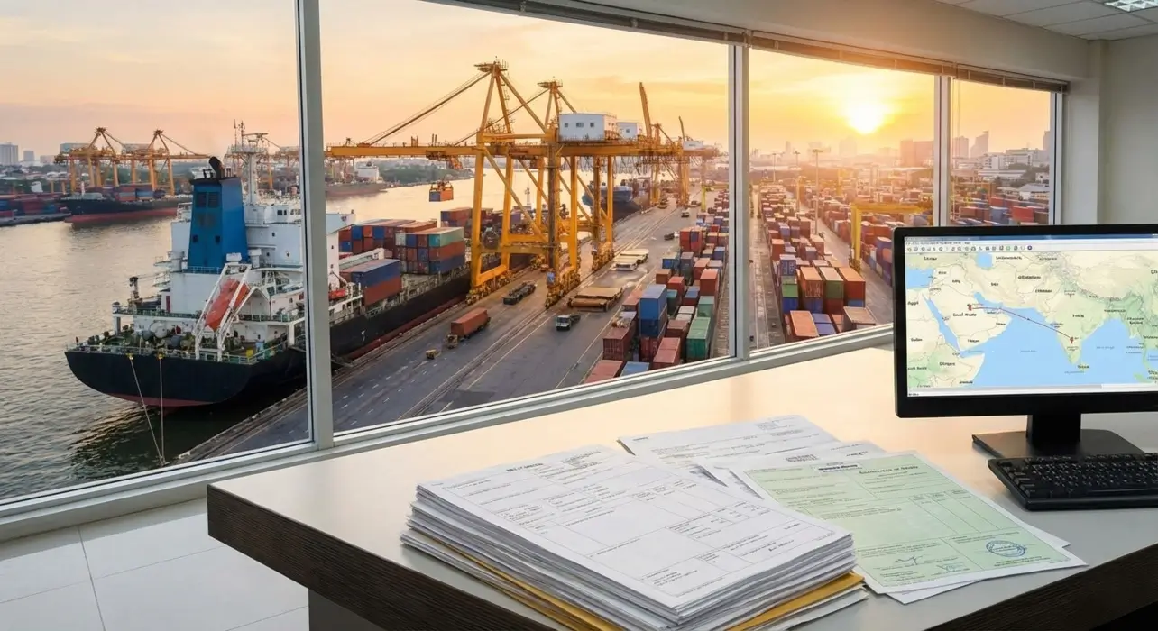 Shipping documents and a digital route map for India to Saudi Arabia freight transit overlooking a busy container port