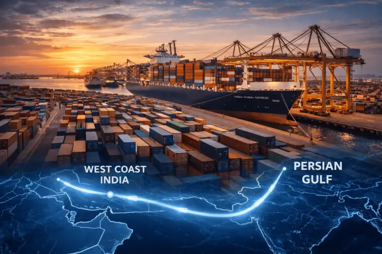 A cinematic sunset view of Jebel Ali Port with a large container vessel docked and a digital map overlay showing the shipping route from West Coast India to the Persian Gulf.