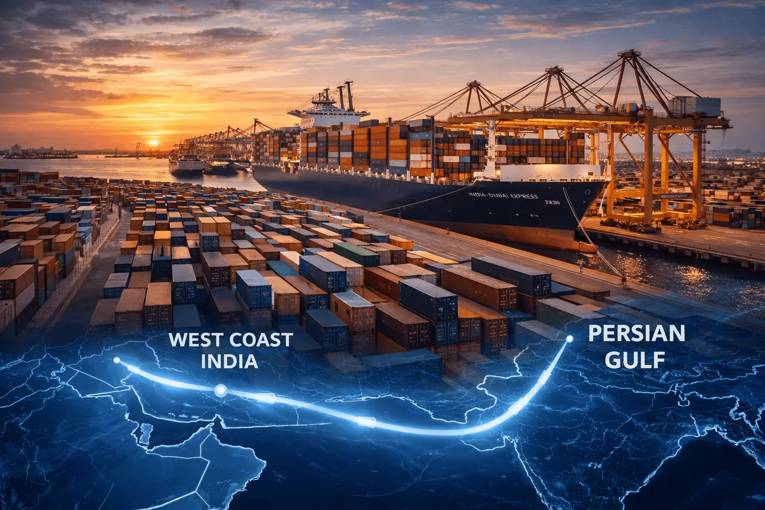 A cinematic sunset view of Jebel Ali Port with a large container vessel docked and a digital map overlay showing the shipping route from West Coast India to the Persian Gulf.