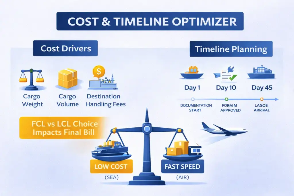 A modern logistics infographic titled Cost and Timeline Optimizer showing the balance between sea and air freight, FCL vs LCL choices, and a 45-day shipping milestone timeline for Nigeria.