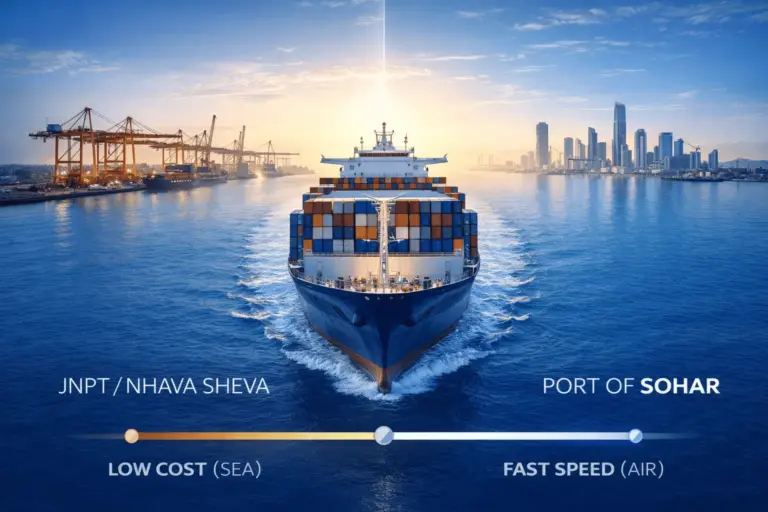 A large cargo container vessel sailing from JNPT Nhava Sheva to the Port of Sohar, illustrating affordable sea freight logistics for SMEs.