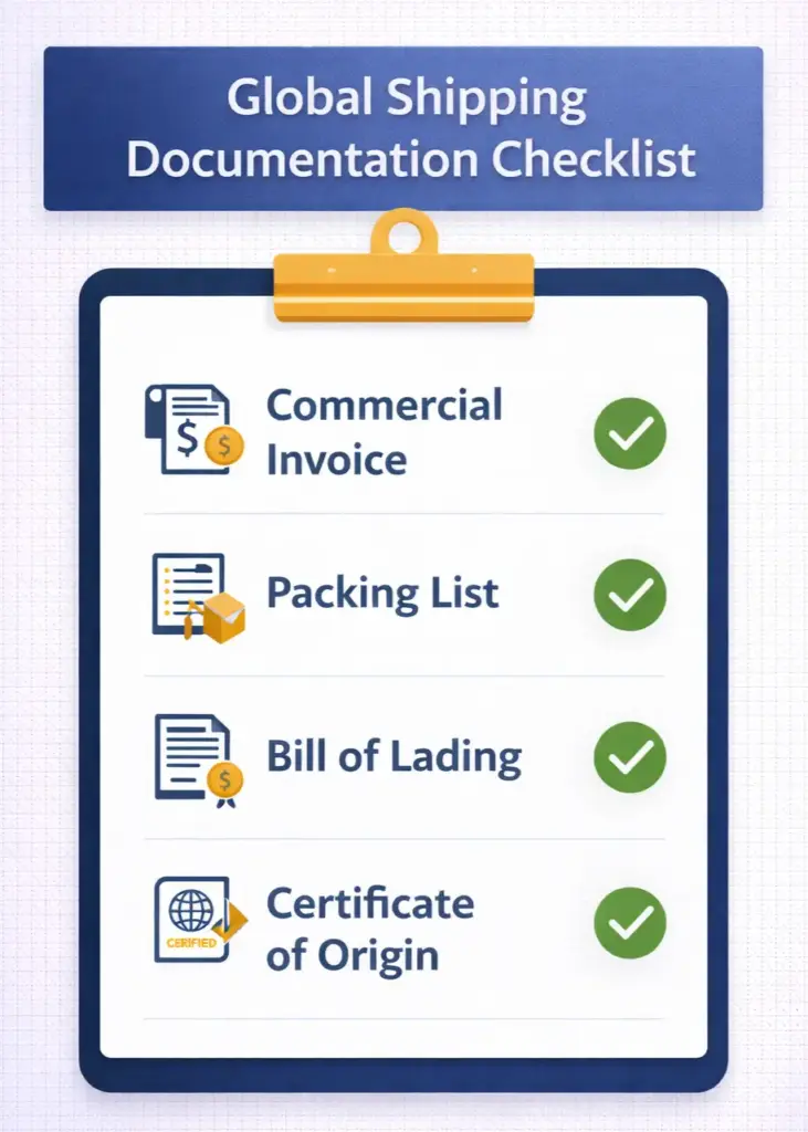 A vertical checklist infographic listing essential documents for international shipping, including Commercial Invoice, Packing List, Bill of Lading, and Certificate of Origin.