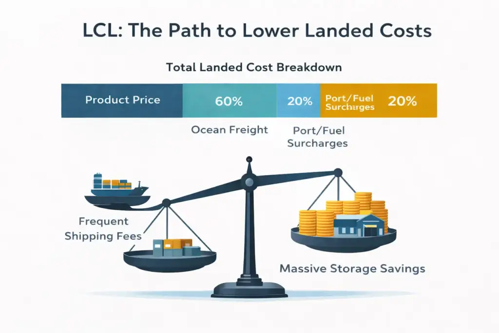 An infographic titled "LCL: The Path to Lower Landed Costs" featuring a bar chart breakdown of product price, ocean freight, and surcharges, with a balance scale showing that massive storage savings outweigh frequent shipping fees.