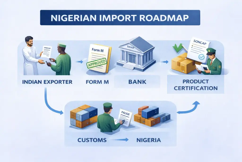 A professional 3D isometric infographic showing the Nigerian import process including Form M approval at a bank, SONCAP product certification, and final PAAR assessment by Nigerian customs officers.