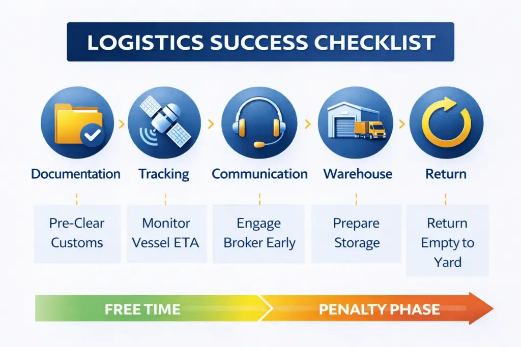 A professional logistics success checklist infographic featuring icons for documentation, tracking, communication, warehouse readiness, and container return to avoid penalty phases.