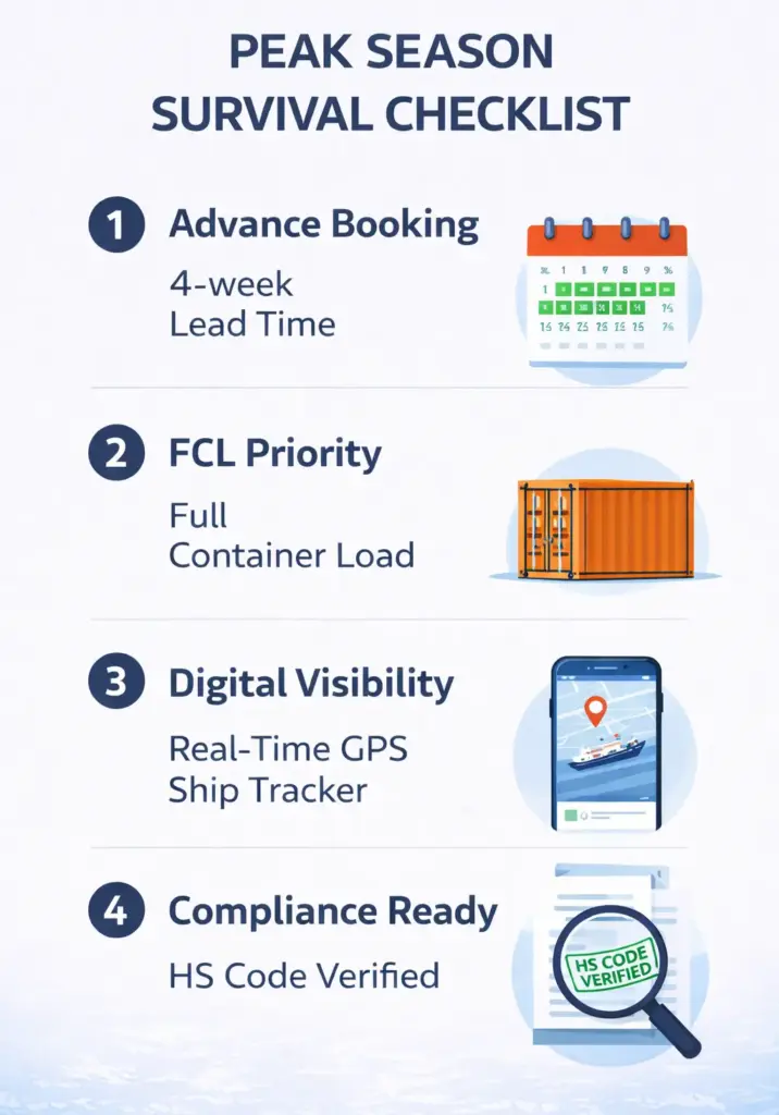 A Peak Season Survival Checklist for India-USA trade featuring four points: 4-week lead time for advance booking, FCL priority, real-time GPS ship tracking, and HS code verification for compliance.